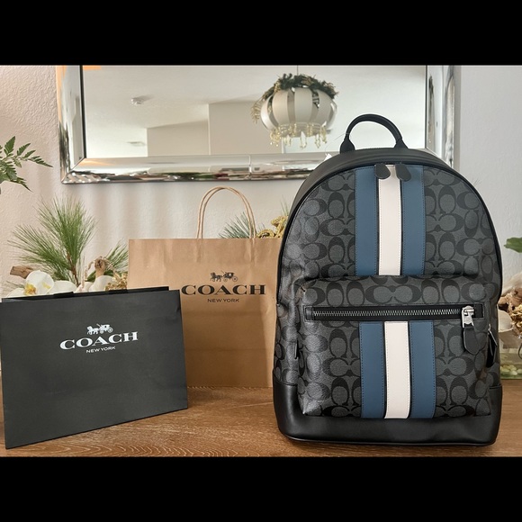 Coach Mens West Backpack In Signature Canvas With Varsity Stripe - Picture 2 of 3